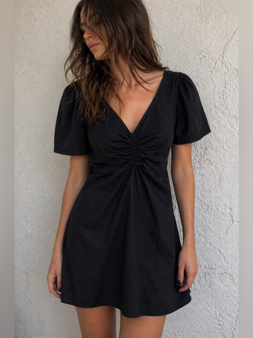 Club Monaco Black Ruched Mini Dress Size 2 Coquette Minimalist Euro Summer